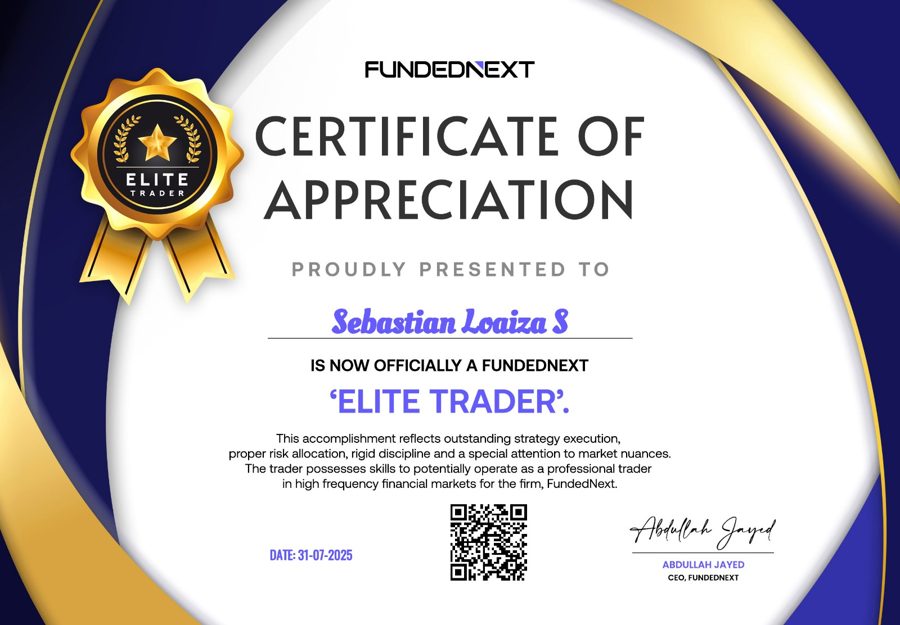 FundedNext Certificate of Appreciation, Elite Trader, julio 2025